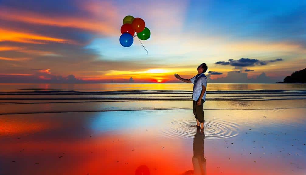 Man by the beach letting go of a balloon