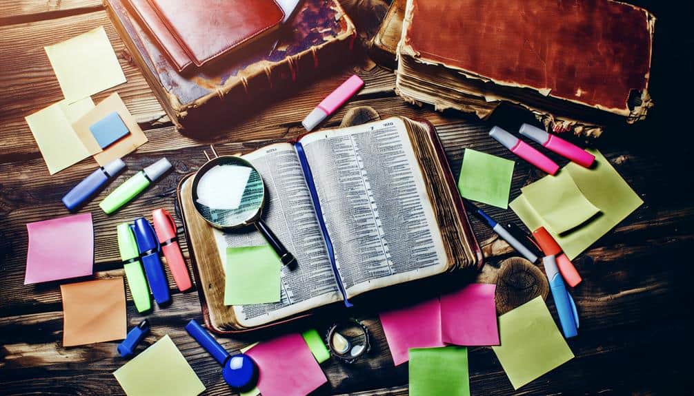 Bible surrounded by lots of sticky notes and markers 