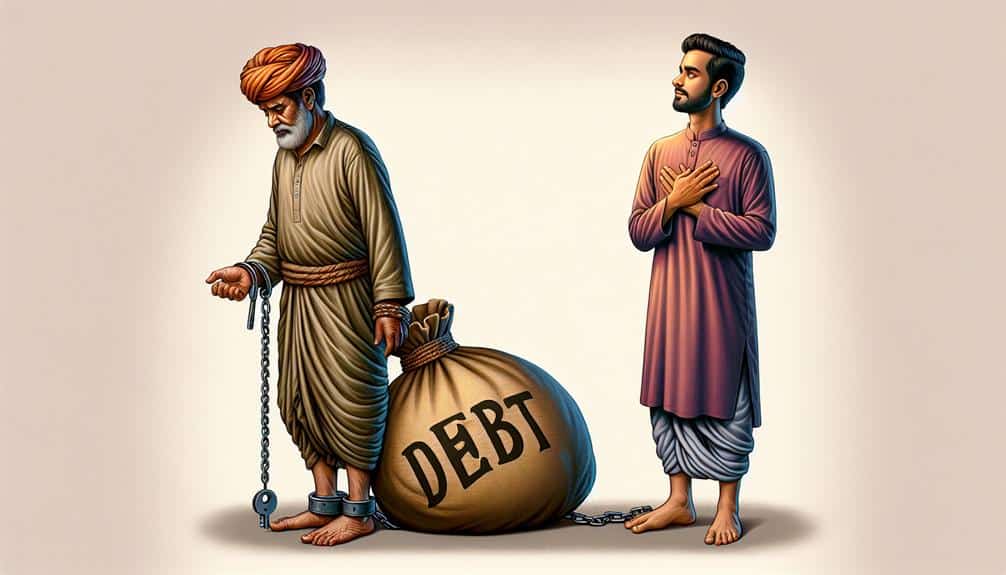 man looking at the other who is holding a huge bag of debt 