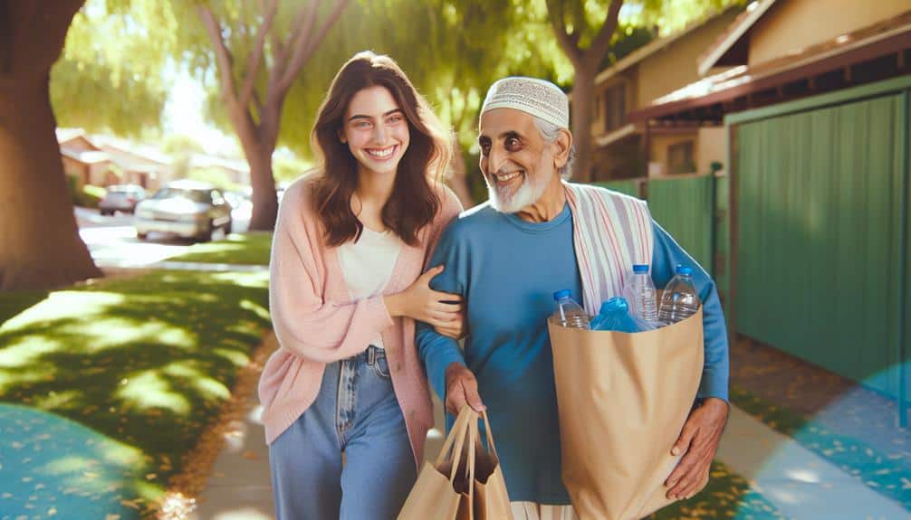woman helping an old man with groceries 