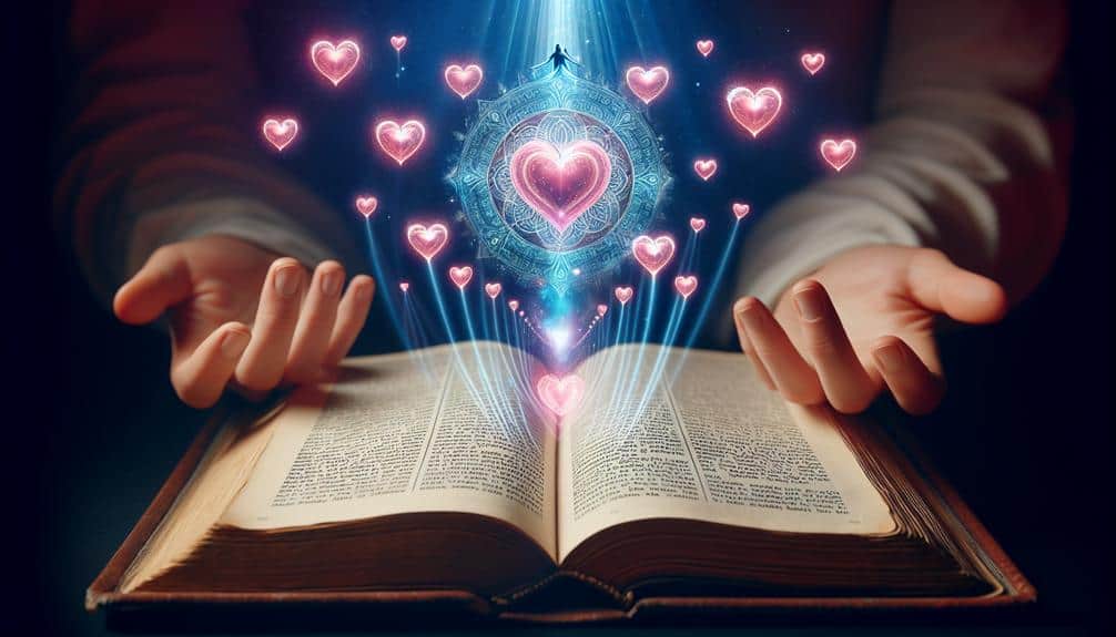 Bible with a lot of hearts flowing out of it upwards 