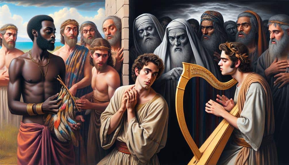 man playing harp but others are envious 